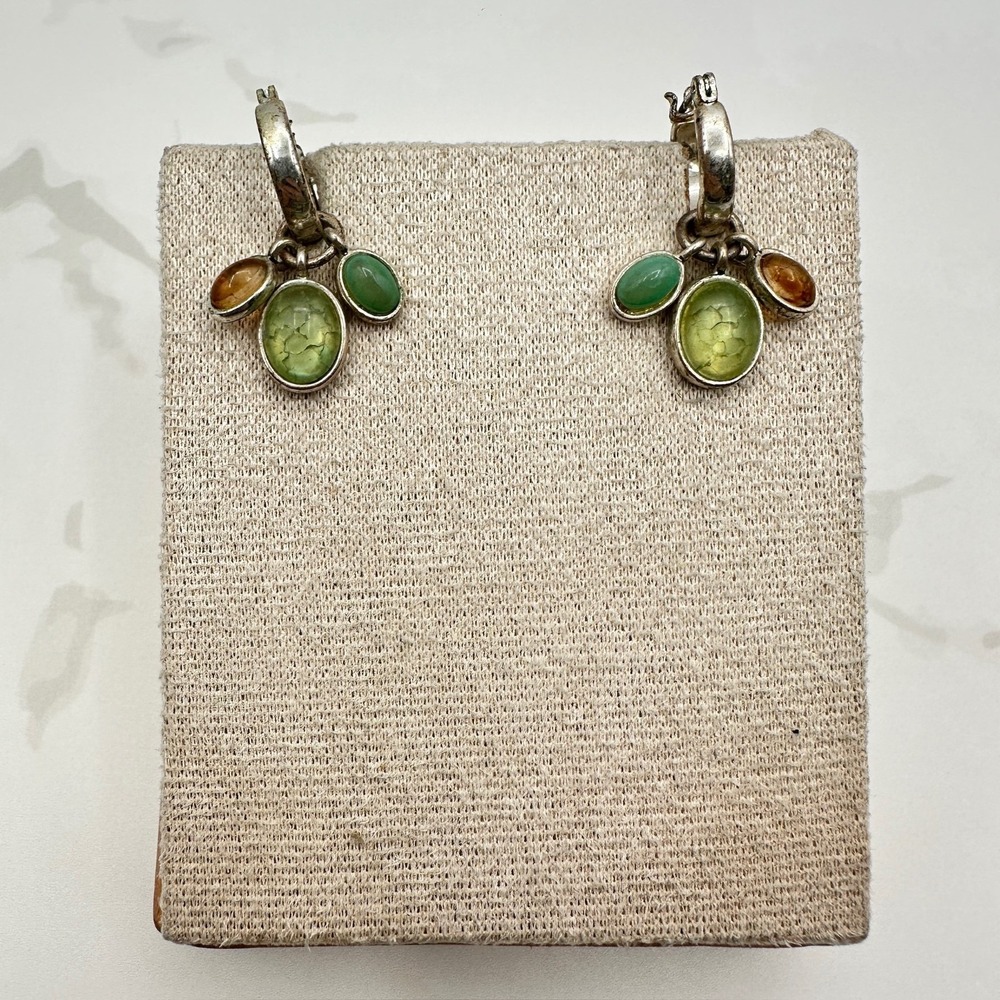 Vintage Monet Green Amber Oval Gemstones Silver-Tone Dangle Drop Earrings